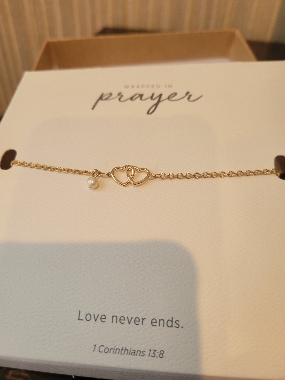 Demdaco Gold Double Heart 7-inch+1.5in Extension Bracelet with Pearl Charm NWT